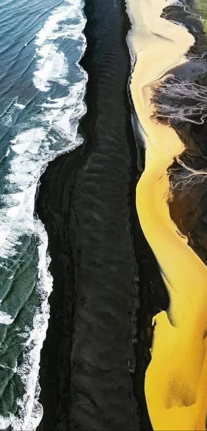 Aerial view of beach with ocean waves and golden sandy shoreline.