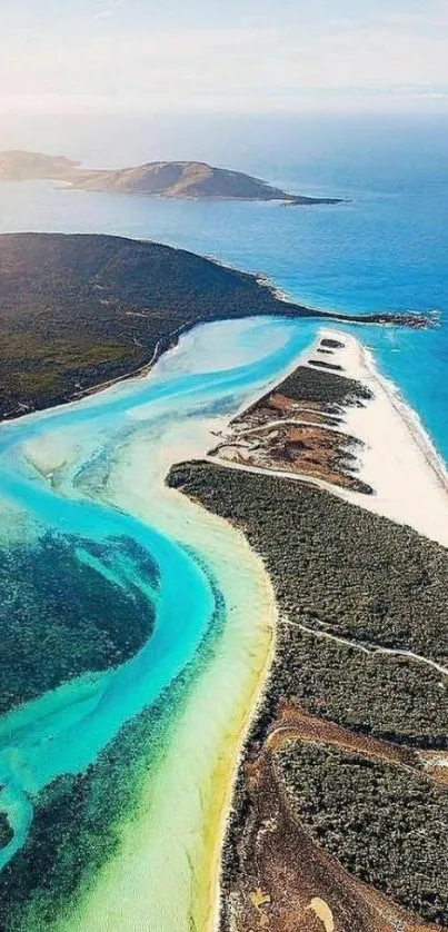 Aerial view of a tropical beach with turquoise blue waters and lush greenery.