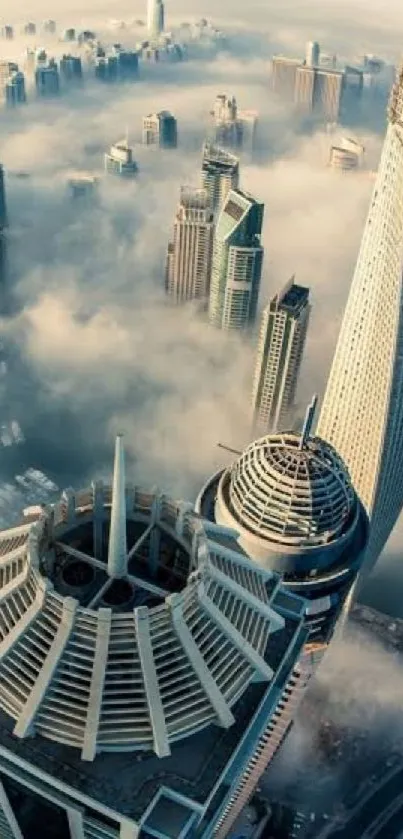 Aerial cityscape of skyscrapers and fog in a stunning urban view.