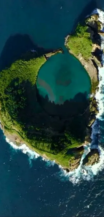 Aerial view of a lush, green island surrounded by ocean.