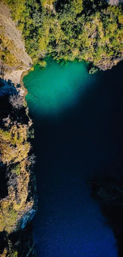 Aerial view of tranquil lake with vibrant blue and lush greenery.