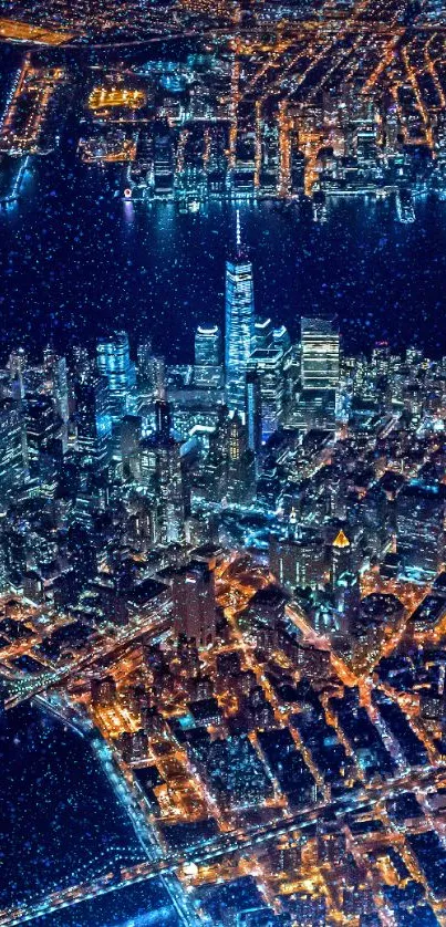 Aerial view of a vibrant city lit up at night, showcasing a stunning cityscape.