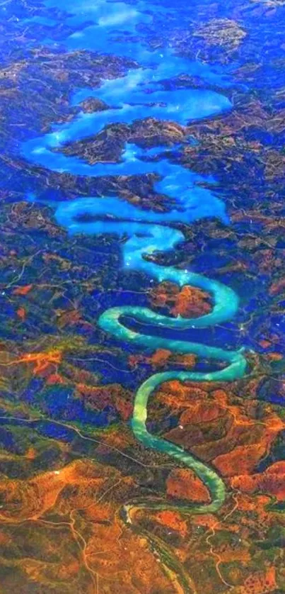 Aerial view of a winding blue river through vibrant landscapes.