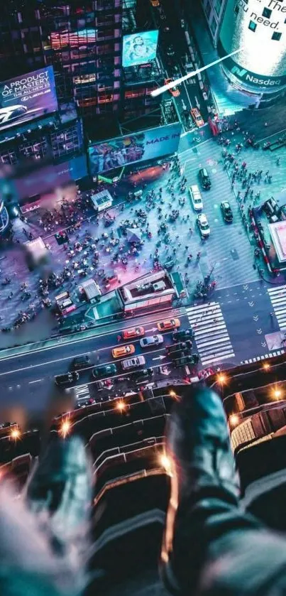 Aerial view of cityscape with vibrant city lights and bustling nightlife.