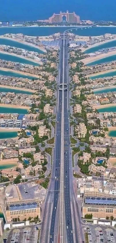 Aerial view of palm-shaped islands and cityscape.