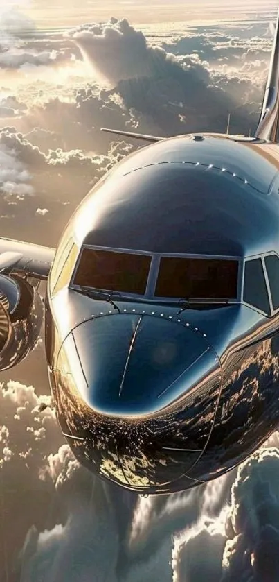 Airplane flying above dramatic clouds