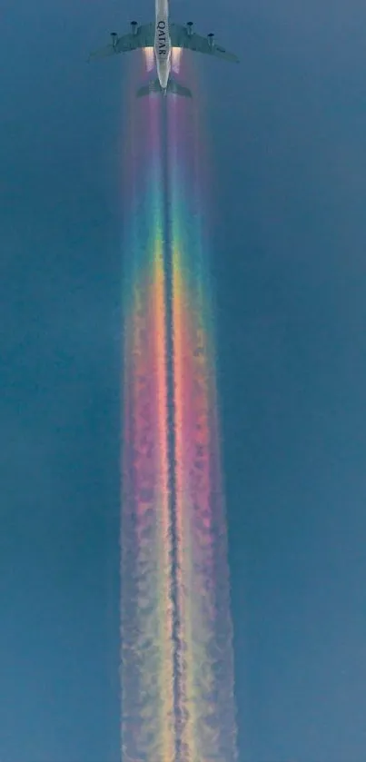 Airplane with rainbow contrail in a blue sky