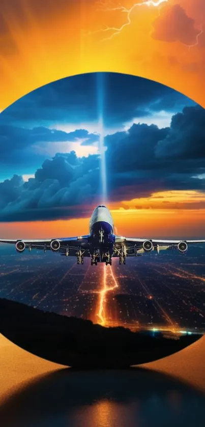 Airplane flying towards sunset with vivid clouds and city lights below.