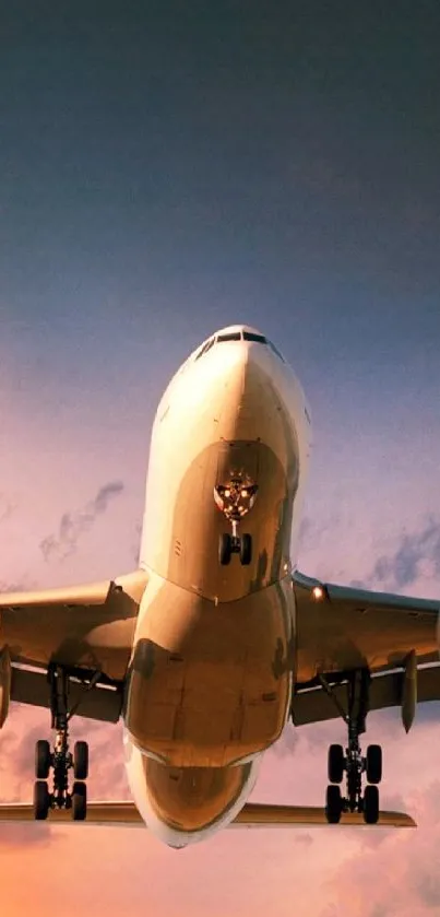 Airplane taking off into sunset sky with vivid colors.