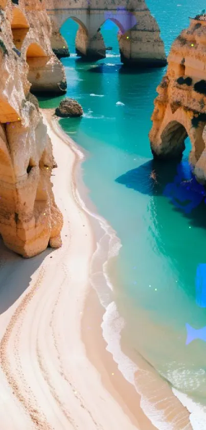 A stunning coastal cliff and beach in Algarve with turquoise waters.