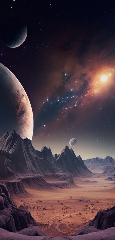 Alien landscape with planets and stars under a cosmic sky.