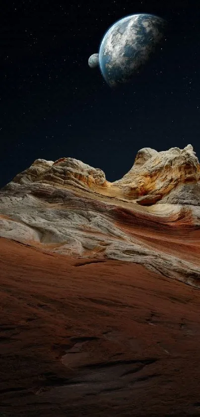 Stunning alien planet landscape with rocky terrain under a starry sky.