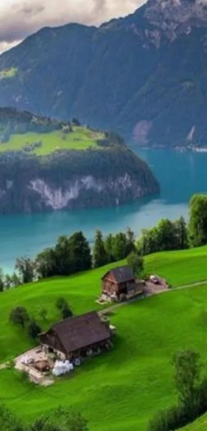 Beautiful alpine lake and mountain with vibrant green hills.