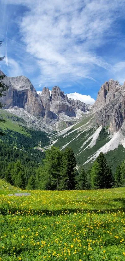 Alpine landscape with lush greenery and tall mountains under a blue sky.