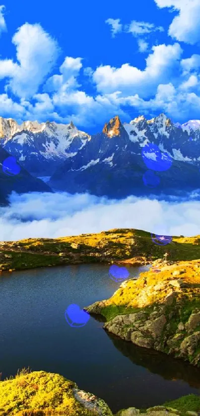 Alpine landscape with mountains, lake, and blue sky wallpaper.