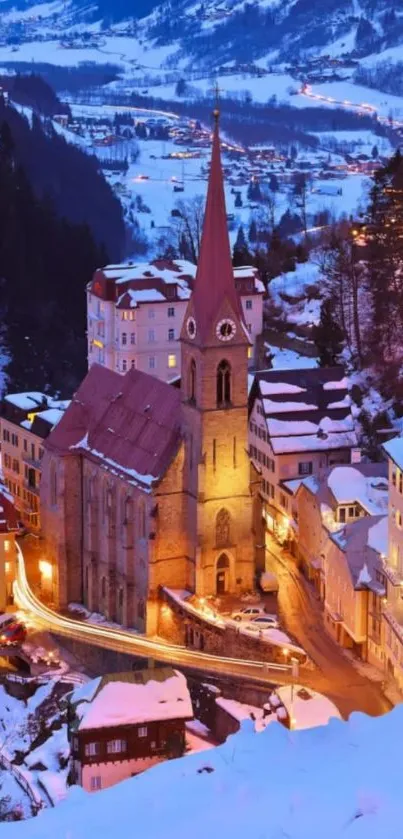 Alpine village at dusk with snow-capped rooftops and glowing evening lights.