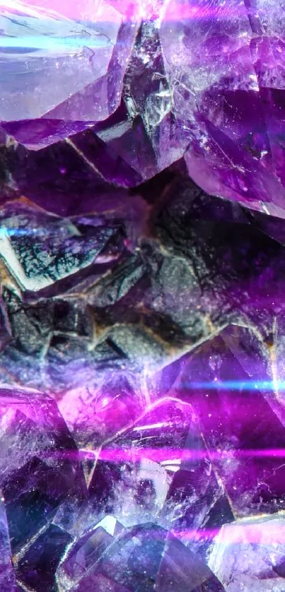 Close-up of amethyst geode with vibrant purple crystals.