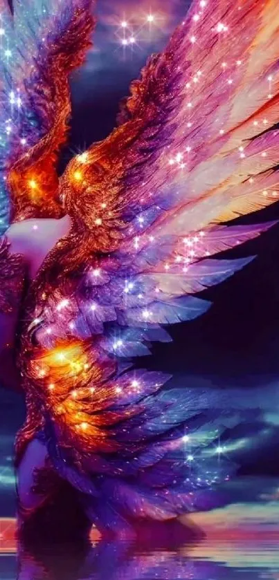Vibrant fantasy art with glowing angel wings and colorful hues.
