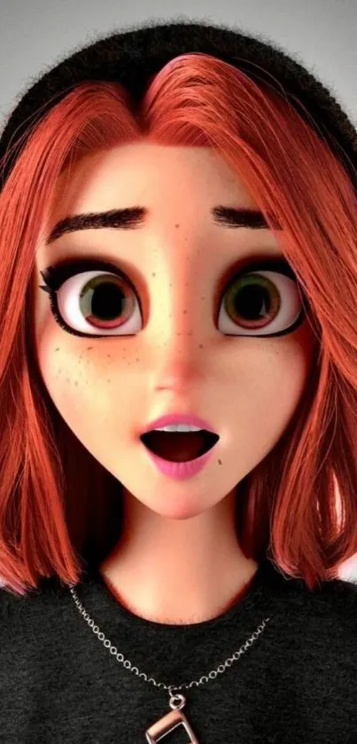 Animated girl with red hair and a black hat, expressing surprise.