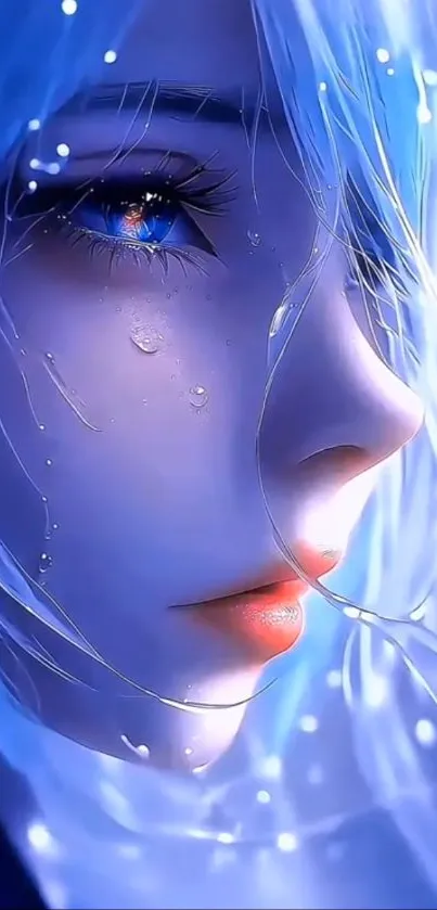 Close-up of a stunning anime girl with blue eyes and hair.