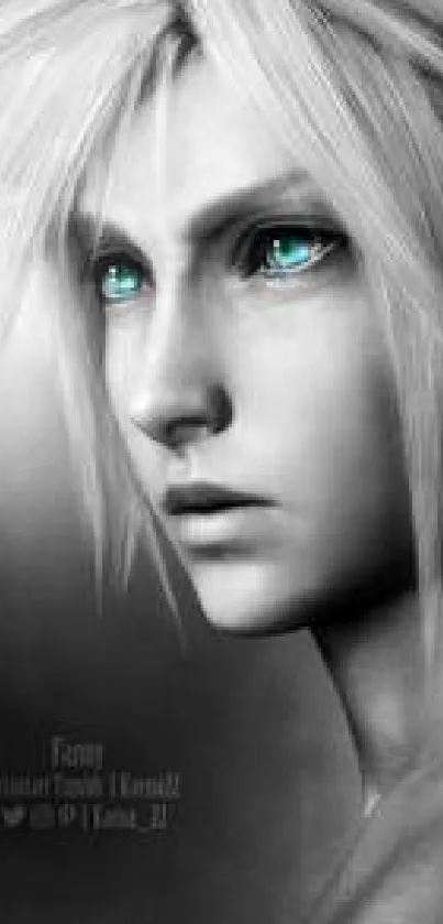 Anime character with captivating blue eyes in monochrome design.