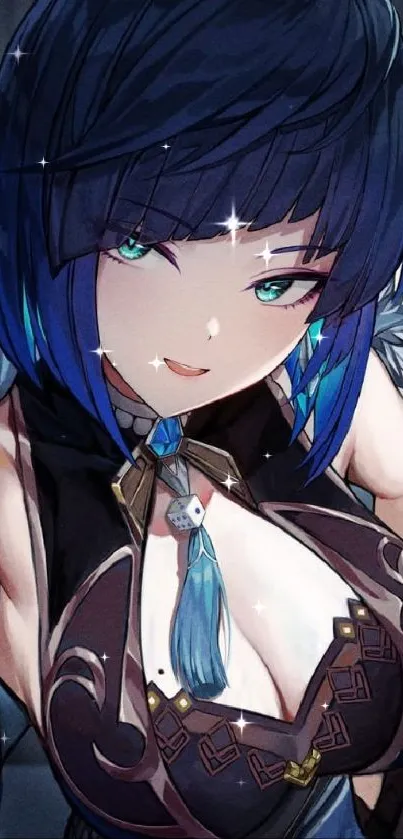 Detailed anime character with vibrant blue hair and intricate outfit design.