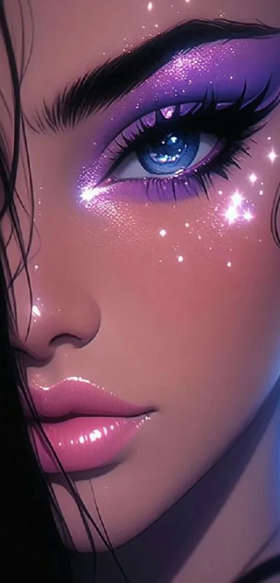 Close-up of an anime character with sparkling purple makeup.