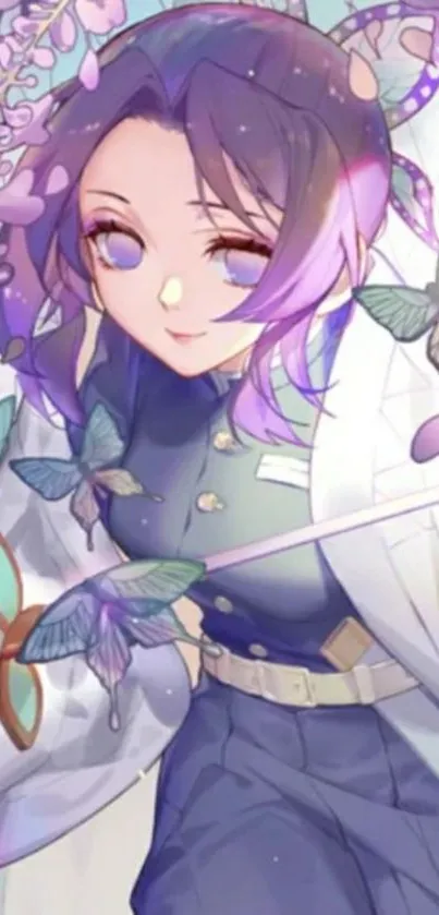 Anime character surrounded by butterflies and flowers in purple hues.