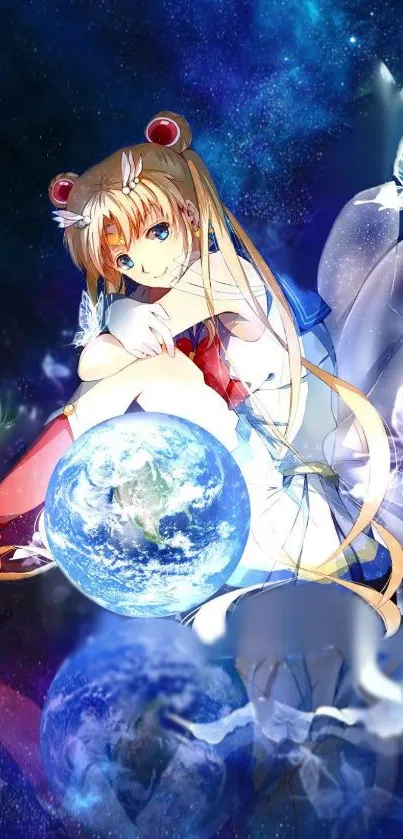 Anime character with globe in cosmic blue background.