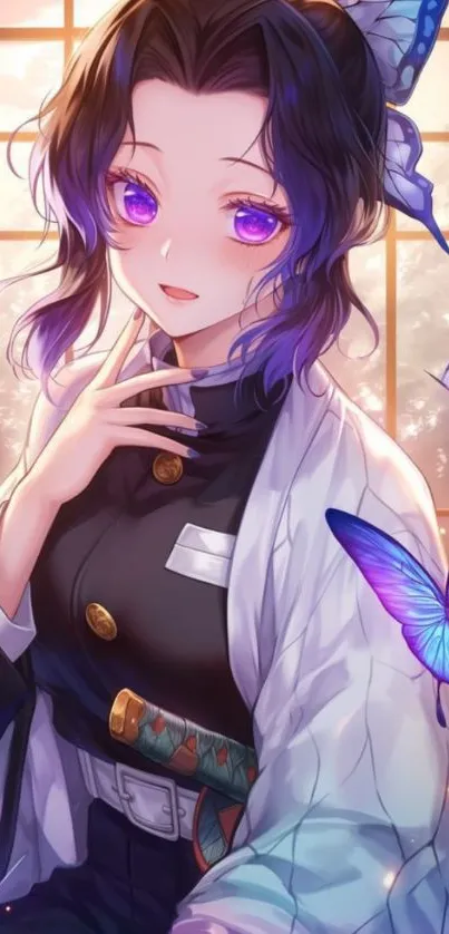 Anime girl with purple hues and butterflies in a glowing setting.