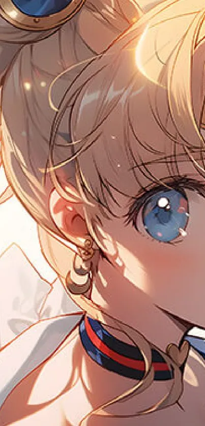 Anime heroine with blue eyes and flowing hair in vibrant art style.