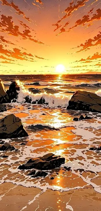 Anime ocean sunset with vibrant waves and glowing sky.