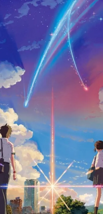 Anime wallpaper featuring vibrant sky and two characters gazing at celestial scene.