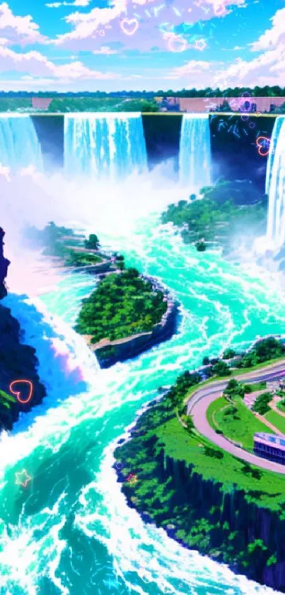 Vibrant anime waterfall scene with lush greenery and flowing waters.