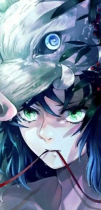 Anime character with wolf mask and vibrant green eyes.