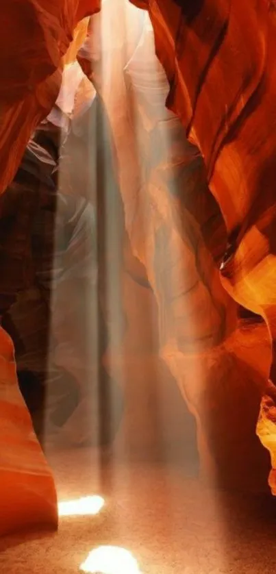 Antelope Canyon with light beams and orange rock formations.