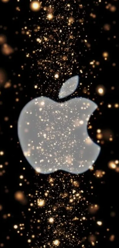 Glowing Apple logo with golden sparkles on a black background.