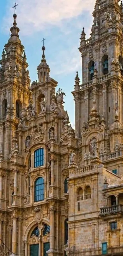 Majestic cathedral with ancient architecture under a blue sky.