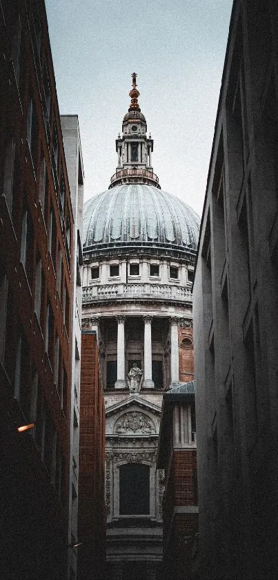 Stunning view of a historic dome framed by dark buildings.