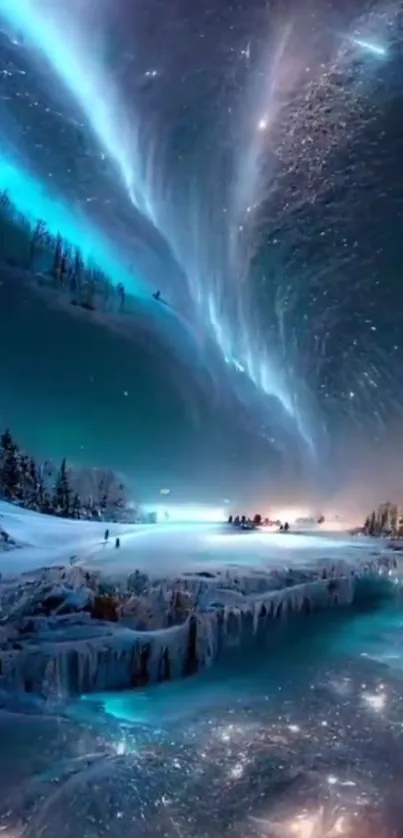 Stunning arctic night sky with auroras over ice landscape.