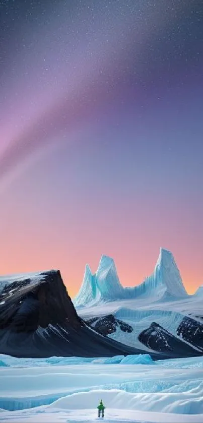 Aurora illuminating majestic ice mountains under a vibrant sky.