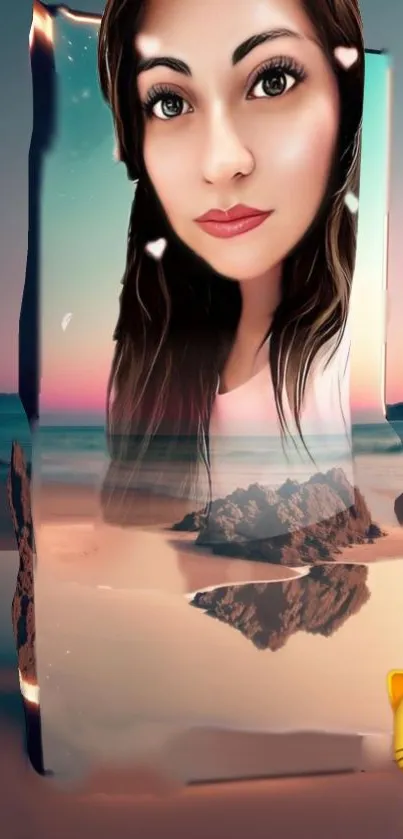 Artistic wallpaper with stylized portrait and dreamy landscape