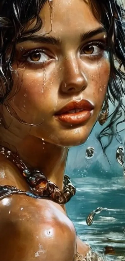 Artistic portrait of a woman with water droplets on skin.