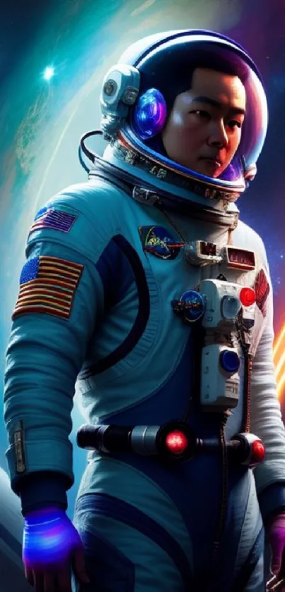 Astronaut stands in vibrant space with planets and stars in background.