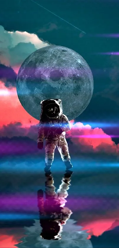 Astronaut reflecting under the moon with surreal clouds.