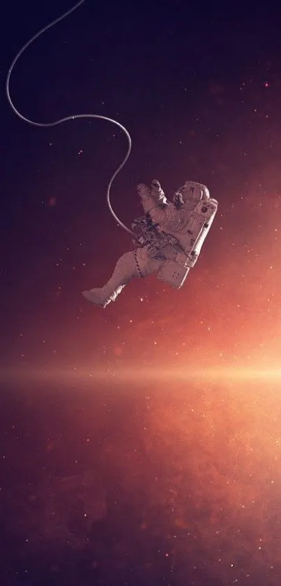 Astronaut floating in space with a glowing orange background.