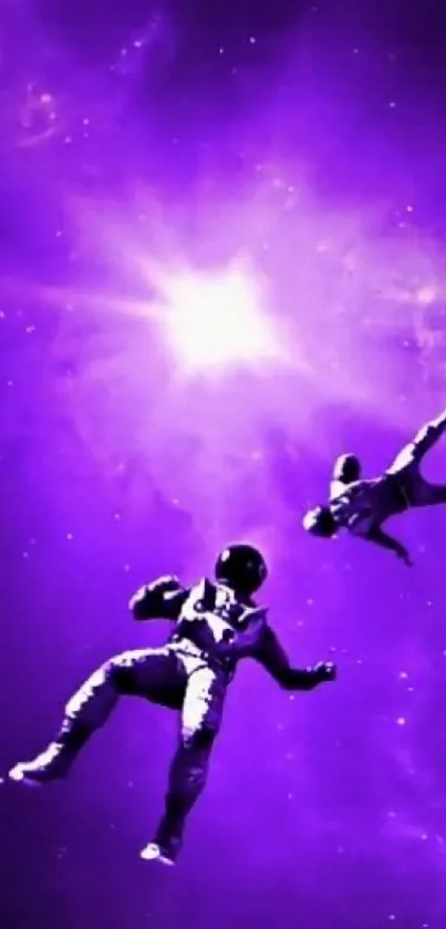 Two astronauts floating in a stunning purple galaxy