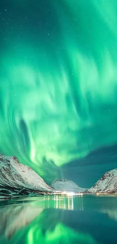 Vibrant aurora borealis over serene snowy mountains and reflective lake.