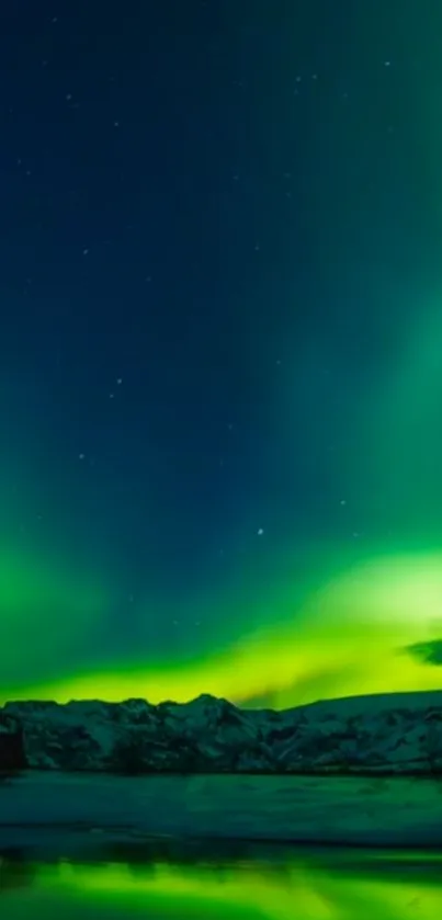 Vibrant green aurora borealis over icy landscape with stars.