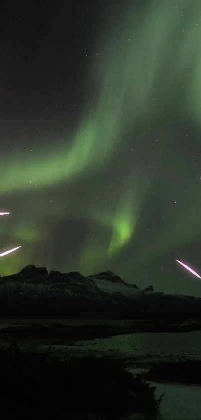 Aurora borealis over a serene night landscape with green lights.